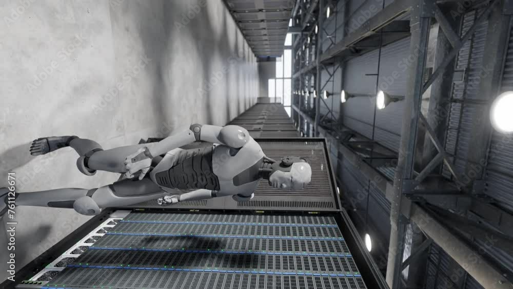 Poster cyborg humanoid in to server internet hi tech room artificial intelligence taking over in 3d renderi