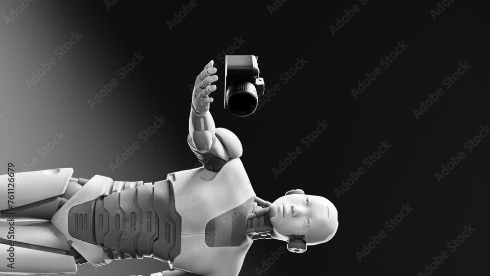 Aufkleber prototype humanoid cyber robot prototype holding a photography digital camera , artificial intellige