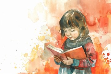 Watercolor girl holding a book. Hand drawn sketch illustration