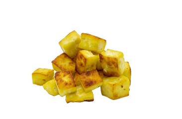 Oil Fried Paneer or Cheese Cubes Stack Isolated on White Background with Copy Space, Also Known as Poneer, Fonir or Indian Cottage Paneer