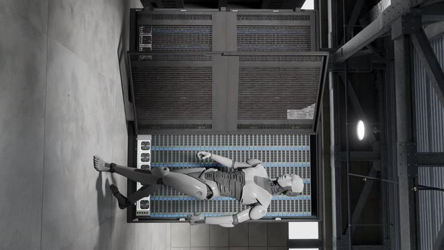 cyborg humanoid in to server internet hi tech  room giving birth concept artificial intelligence taking over in 3d rendering animation cybersecurity war spy prototype vertical