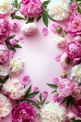 Flat lay of spring flowers arrangement. Copy space in teh center for text, pink and white flowers on light pink background.