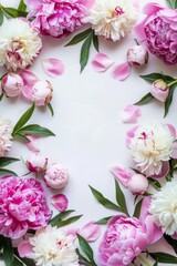 Flat lay of spring flowers arrangement. Empty frame for text, pink and purple flowers on a light white background.