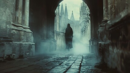Solitary Cloaked Figure in Gothic Cathedral Passage, Shrouded in Mist and Mystique


