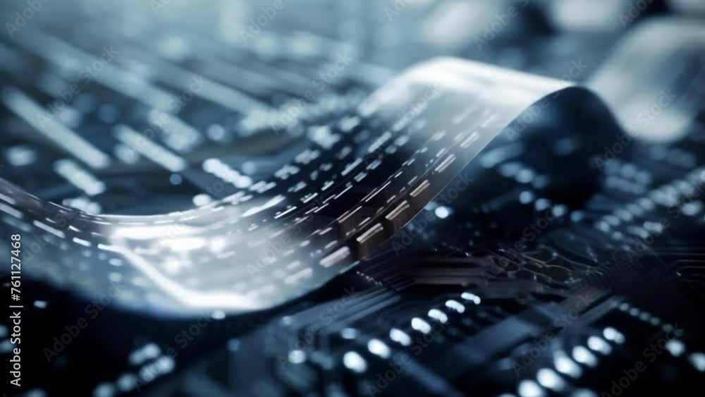 Poster a closeup of a thin flexible strip of graphene material layered over a circuit board indicating its 