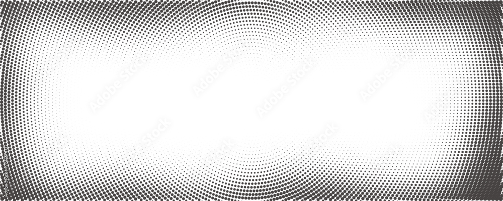 Poster dotted vector background with radial halftone effect. comic wavy gradient border on white backdrop. 