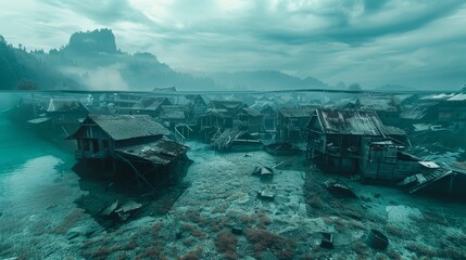 Submerged Village at Dawn, Capturing a Sense of Forgotten History and Tranquility - obrazy, fototapety, plakaty