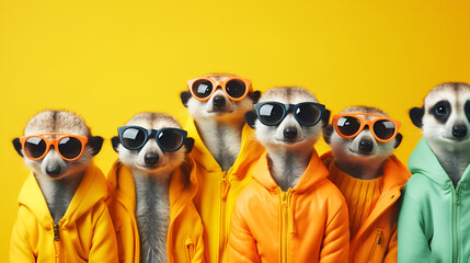 Funny mongooses in glasses and wearing clothes
 - obrazy, fototapety, plakaty