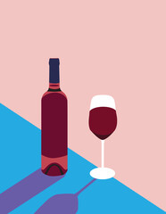 A minimalist illustration features a bottle of wine and a glass of red wine.