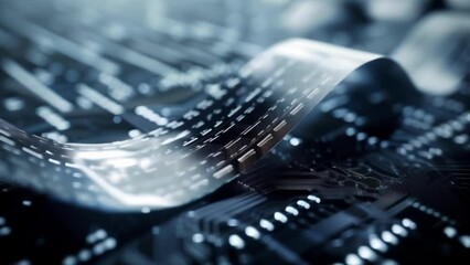 A closeup of a thin flexible strip of graphene material layered over a circuit board indicating its use as a conductor in energyefficient electronics.