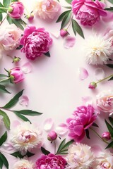 Naklejka na ściany i meble Flat lay of spring flowers arrangement. Empty frame for text, pink and white flowers on a light pink background.