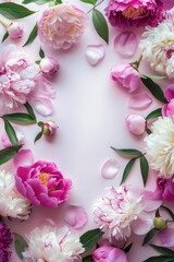 Flat lay of spring flowers arrangement. Empty frame for text, pink and white flowers on a light pink background.