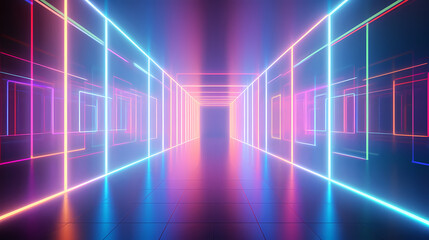 Futuristic sci-fi corridor with glowing and vibrant neon lights