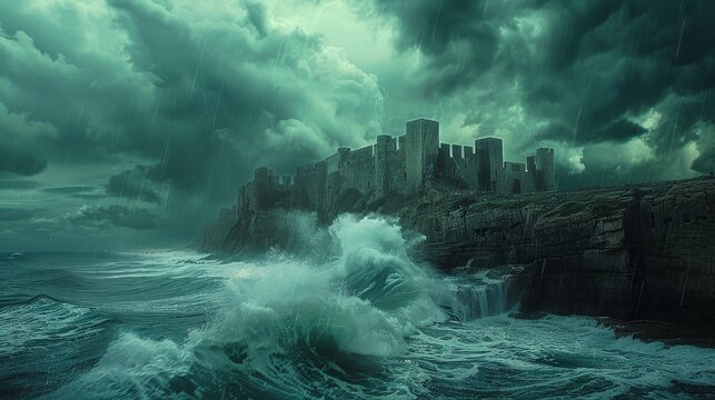 Impenetrable Fortress Amidst Turbulent Storms, Symbolizing Strength and Endurance