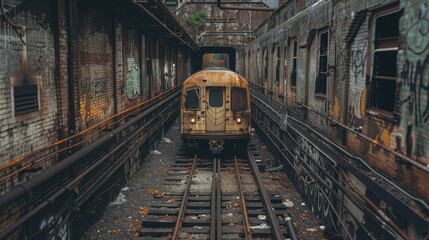 Fototapeta na wymiar Rusty Train Approaching Abandoned Station, Echoing Memories and Urban Exploration