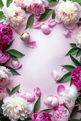 Top veiw of spring flowers arrangement. Empty frame for text, pink peonies flowers, jasmine leaves on a light pink background.