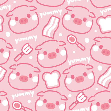 Seamless pattern of cute pig face line on pink background.Yummy text.Bread,spoon,fork,bacon hand drawn.Farm animal character cartoon.Kawaii.Vector.Illlustration.