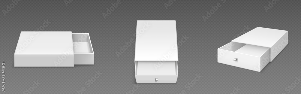 Poster white empty open slide box with ribbon puller. realistic vector illustration set of drawer shape car