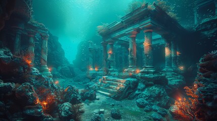 Underwater Ruins Glowing with Bioluminescent Life, Echoing Ancient Civilizations' Mysteries

