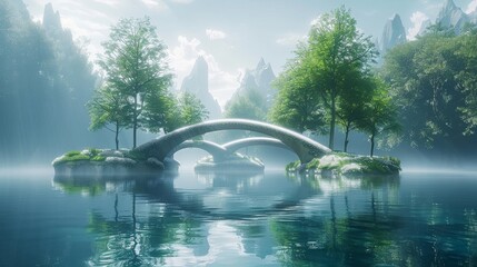 Serene Arch Bridge Over a Misty River in a Lush Fantasy Landscape, Radiating Calmness

