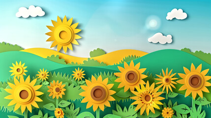 Papercraft art stock image of Sunrise over a field of sunflowers