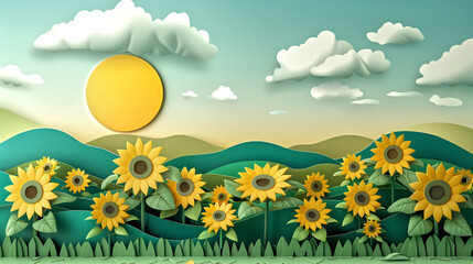 Fototapeta na wymiar Papercraft art stock image of Sunrise over a field of sunflowers