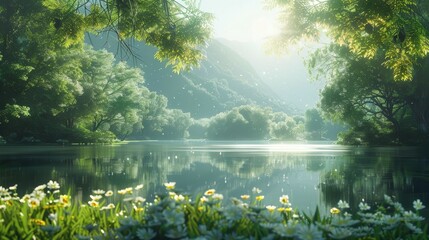 Fototapeta premium Experience emotional peace by mindfully breathing in serene, green landscapes for tranquil calmness