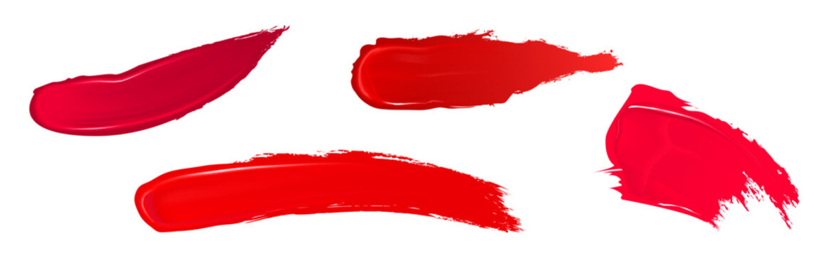 Red and pink lipstick or nail polish swatch. Realistic vector illustration set of painted lip makeup product brush smudge. Glossy cream brushstroke stripe and blotch. Lipgloss or lacquer sample.