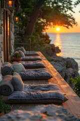 Escape to a tranquil wellness sanctuary with serene vistas, yoga mats, and meditation cushions for inner harmony