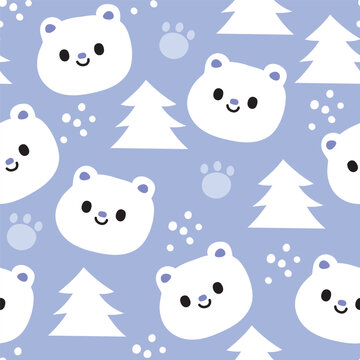 Seamless pattern of cute polar bear face with tree snow background.Winter.Teddy bear head.Wild animal character cartoon design.Clothing print screen.Baby graphic.Kawaii.Vector.Illustration.