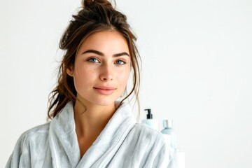 Young Woman in White Bathrobe with Natural Look Posing in Studio, Spa and Wellness Concept