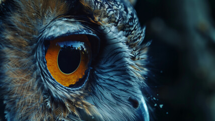 A close-up portrait of a brown owl with large yellow eyes and a sharp beak