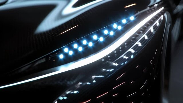 Next we see a headlight with a retroinspired shape but made with modern materials such as carbon fiber and LED lights. The black and silver color scheme and sleek design give