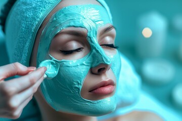 Young Woman Enjoying a Refreshing Facial Mask at a Luxury Spa Salon with Calm Blue Lighting