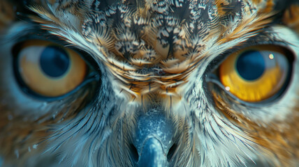 Close-up of a great horned owl's face with piercing yellow eyes - obrazy, fototapety, plakaty