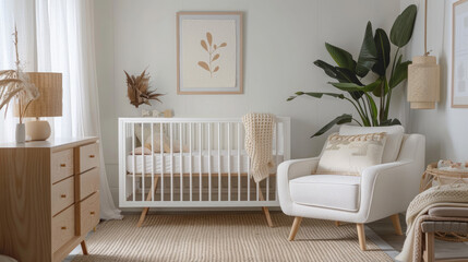 Modern nursery with clean lines, soft textures and a soft, neutral color scheme