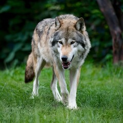 Naklejka na ściany i meble dangerous wolf walking grass zoo