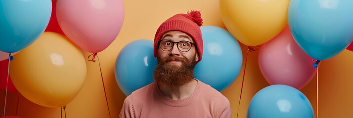 Fototapeta na wymiar International Children's Day concept. bearded male entertainer at kids party, Small child with balloons on isolated background, generative Ai 