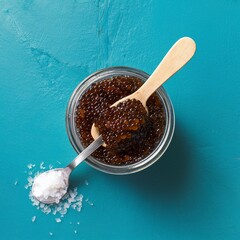 Jar with black caviar and a spoon of salt