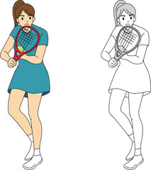 テニスプレイヤー（女性）のイラストセット／Illustration set of tennis player (female)