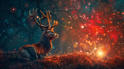 Stag Party Background  a mature stag seated on grass, generative Ai - obrazy, fototapety, plakaty