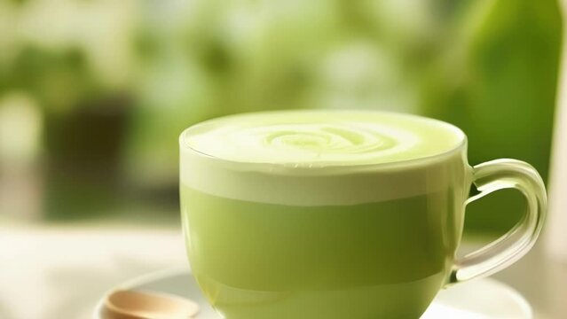Delighting your senses in a dainty teacup, this matcha latte unveils a rich green color that evokes tranquility, while its creamy texture and subtle, grassy undertones create a delightful