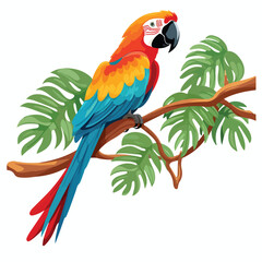 A colorful macaw illustration perched on a tree bra