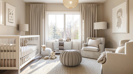 Modern nursery with clean lines, soft textures and a soft, neutral color scheme