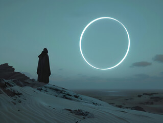 Ethereal Elegance: A Lone Figure Amidst Dunes Gazing at a Glowing White Optical Illusion in the Sky, Hinting at Momento Mori and Cyber Noir