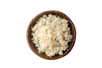 
bowl of boiled rice isolated on white background, top view. Realistic daytime first person perspective