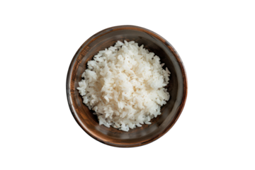 
bowl of boiled rice isolated on white background, top view. Realistic daytime first person perspective
