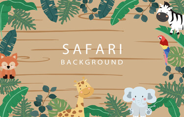 safari banner with giraffe,elephant,zebra,fox and leaf frame