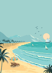 Fototapeta na wymiar beach background with sea,sand,sky.illustration vector for a4 page design