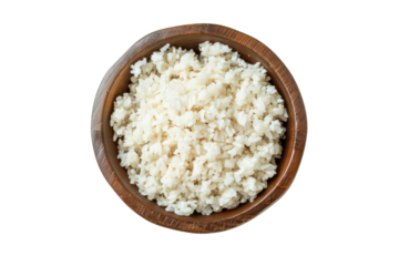 
bowl of boiled rice isolated on white background, top view. Realistic daytime first person perspective